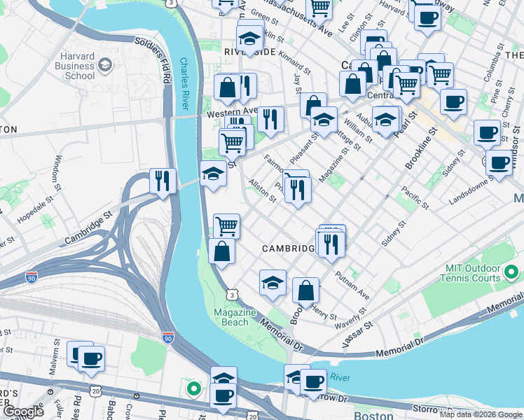 map of restaurants, bars, coffee shops, grocery stores, and more near 408-410 Putnam Avenue in Cambridge