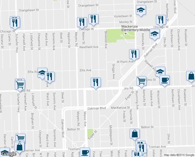 map of restaurants, bars, coffee shops, grocery stores, and more near 8883 Mendota Street in Detroit