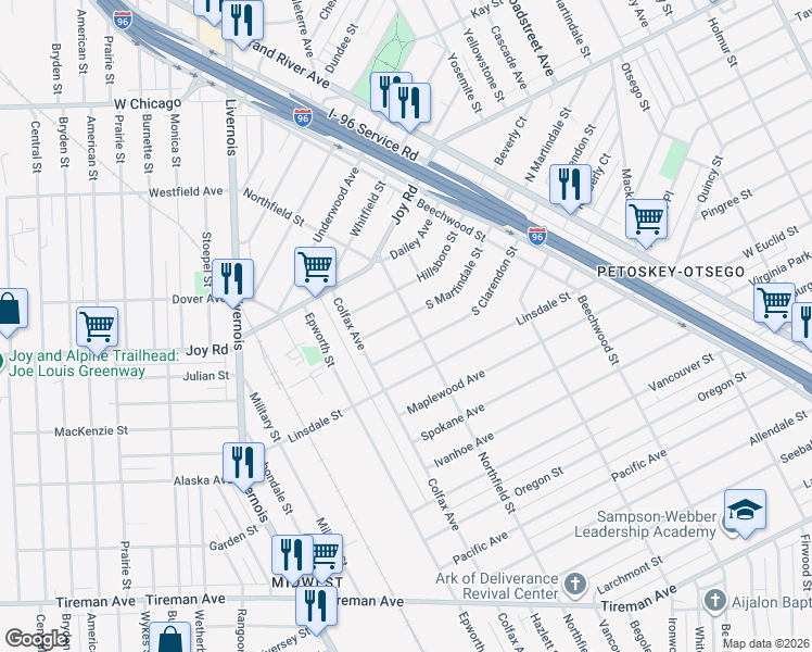 map of restaurants, bars, coffee shops, grocery stores, and more near 5503 South Martindale Street in Detroit