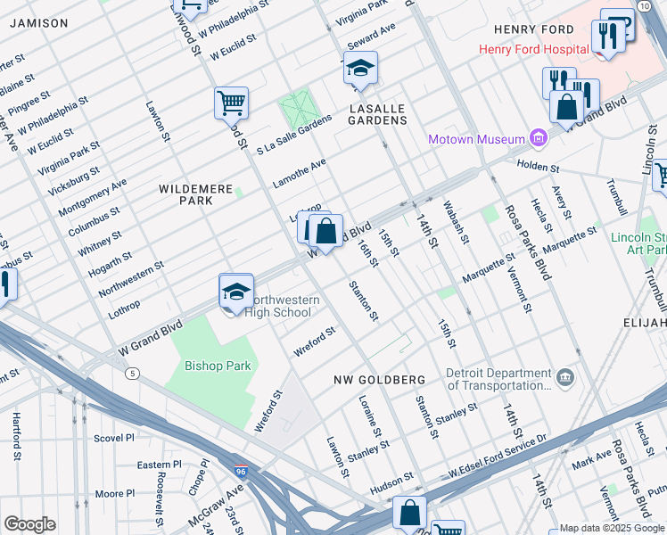 map of restaurants, bars, coffee shops, grocery stores, and more near 6537 Stanton Street in Detroit