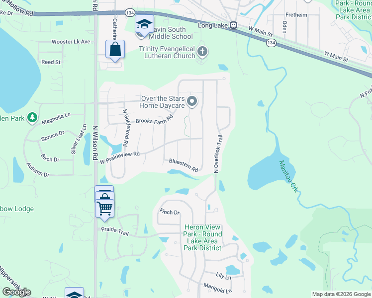 map of restaurants, bars, coffee shops, grocery stores, and more near 34157 North Broomsedge Road in Round Lake