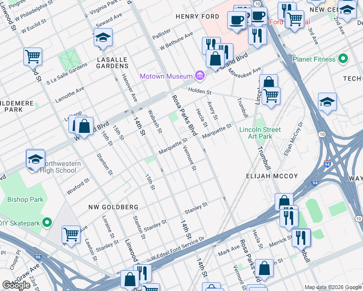 map of restaurants, bars, coffee shops, grocery stores, and more near 6068 Vermont Street in Detroit