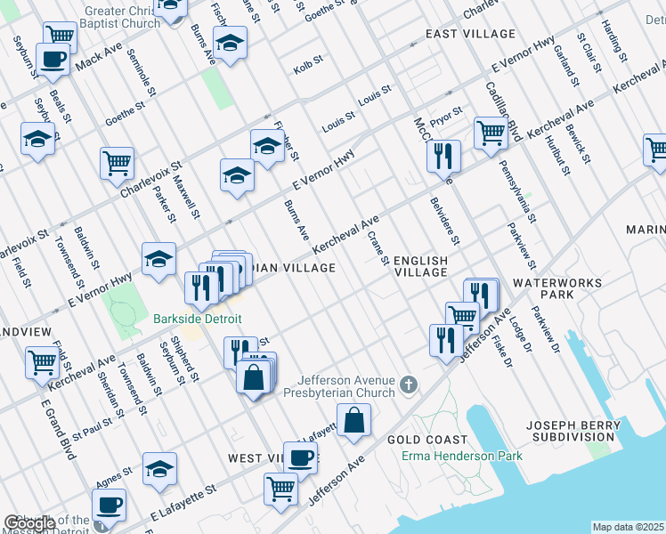 map of restaurants, bars, coffee shops, grocery stores, and more near 1774 Burns Avenue in Detroit