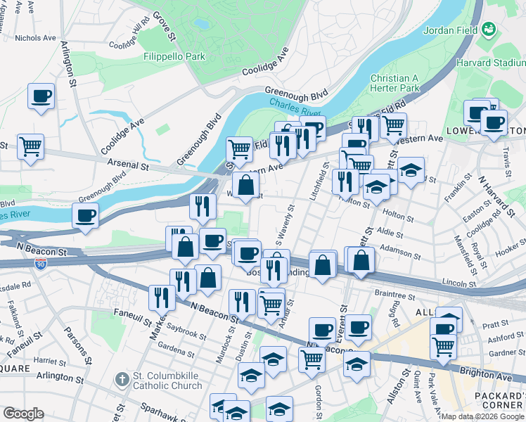 map of restaurants, bars, coffee shops, grocery stores, and more near 19 Bronsdon Street in Boston