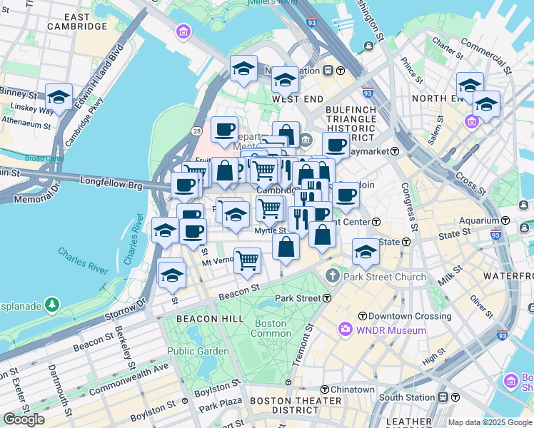 map of restaurants, bars, coffee shops, grocery stores, and more near 72 Joy Street in Boston