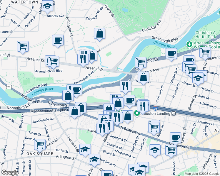 map of restaurants, bars, coffee shops, grocery stores, and more near 1550 Soldiers Field Road in Boston
