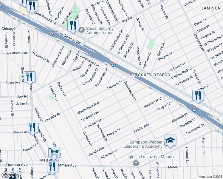 map of restaurants, bars, coffee shops, grocery stores, and more near 5205 Linsdale Street in Detroit