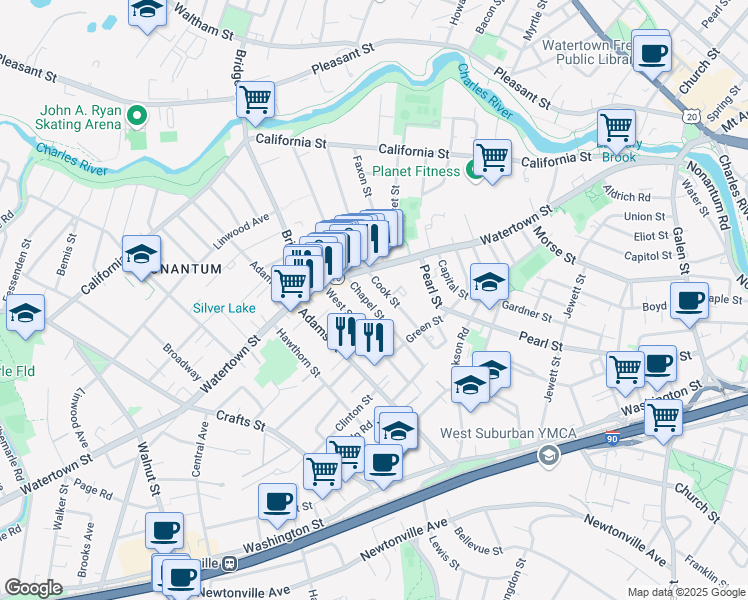 map of restaurants, bars, coffee shops, grocery stores, and more near 166 Chapel Street in Newton