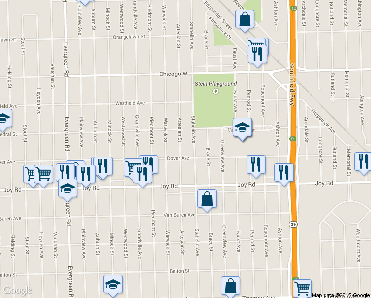 map of restaurants, bars, coffee shops, grocery stores, and more near 9034 Artesian St in Detroit