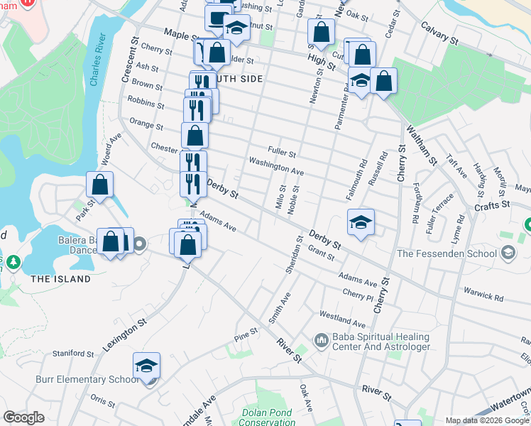 map of restaurants, bars, coffee shops, grocery stores, and more near 270 Derby Street in Newton