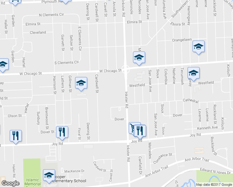 map of restaurants, bars, coffee shops, grocery stores, and more near 9175 Inkster Road in Livonia