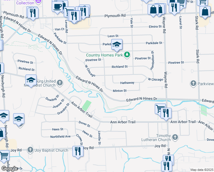 map of restaurants, bars, coffee shops, grocery stores, and more near 35738 Minton Street in Livonia