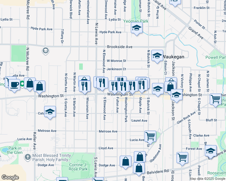map of restaurants, bars, coffee shops, grocery stores, and more near 1714 Washington St in Waukegan