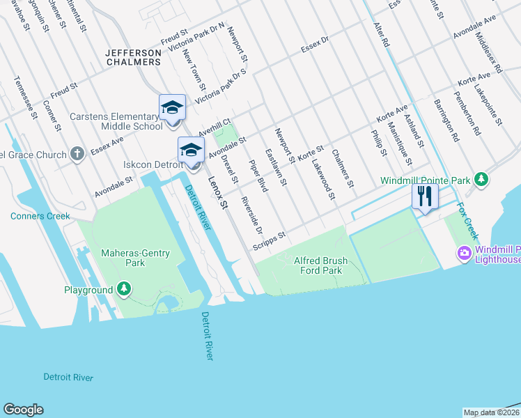 map of restaurants, bars, coffee shops, grocery stores, and more near 252 Riverside Drive in Detroit