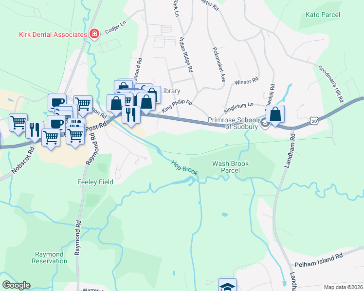 map of restaurants, bars, coffee shops, grocery stores, and more near 317 Boston Post Road in Sudbury