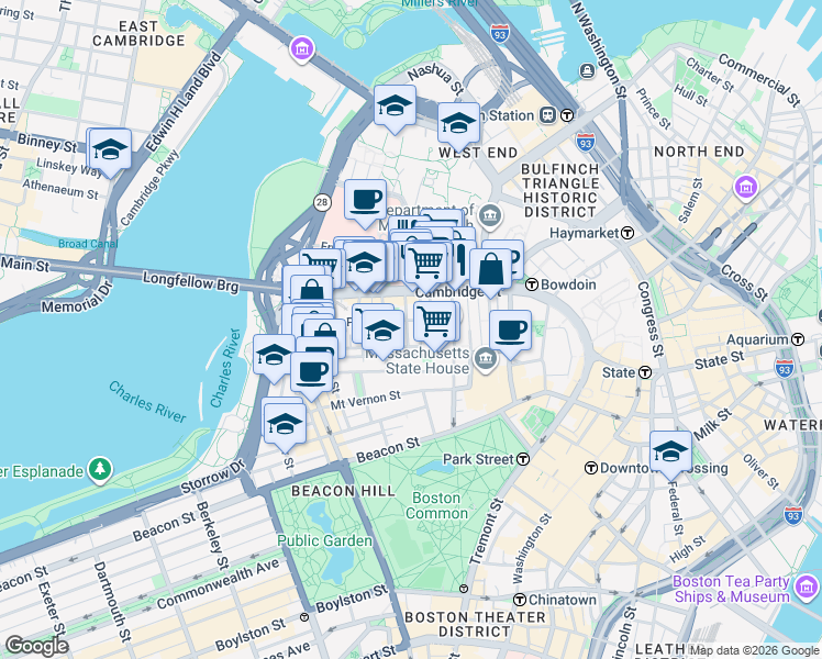map of restaurants, bars, coffee shops, grocery stores, and more near 45 1/2 Garden Street in Boston
