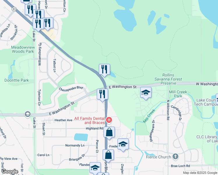 map of restaurants, bars, coffee shops, grocery stores, and more near 1162 E Washington St in Grayslake