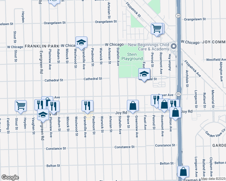 map of restaurants, bars, coffee shops, grocery stores, and more near 9034 Artesian Street in Detroit