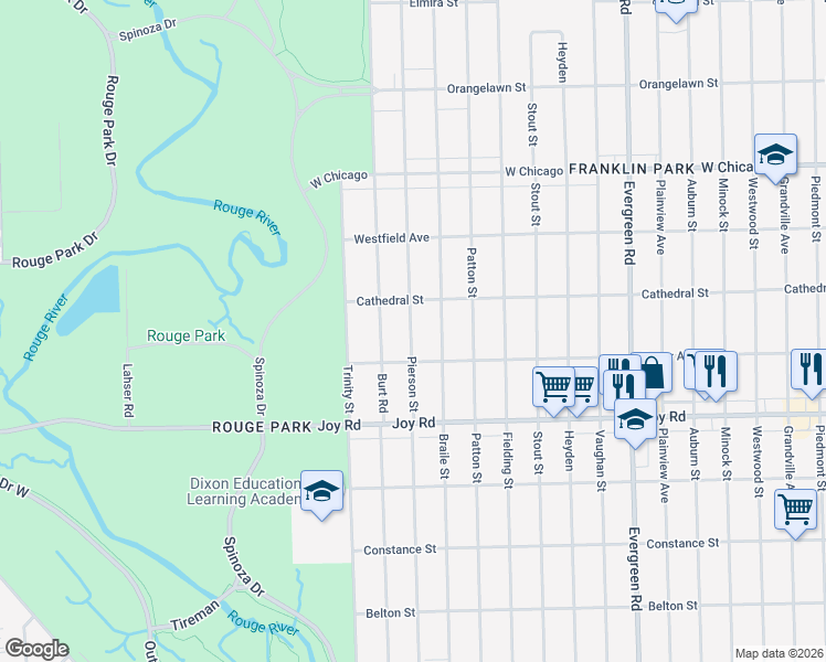 map of restaurants, bars, coffee shops, grocery stores, and more near 9058 Pierson Street in Detroit