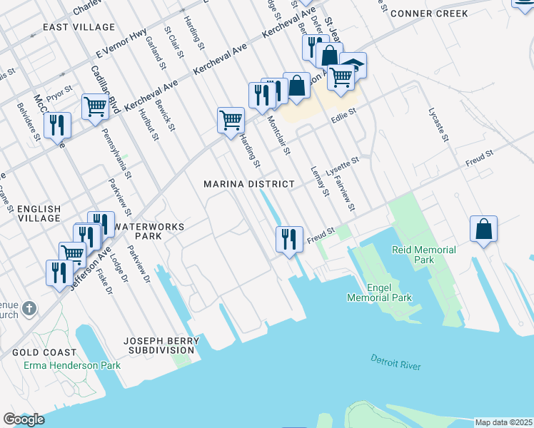 map of restaurants, bars, coffee shops, grocery stores, and more near 566 Saint Clair Street in Detroit