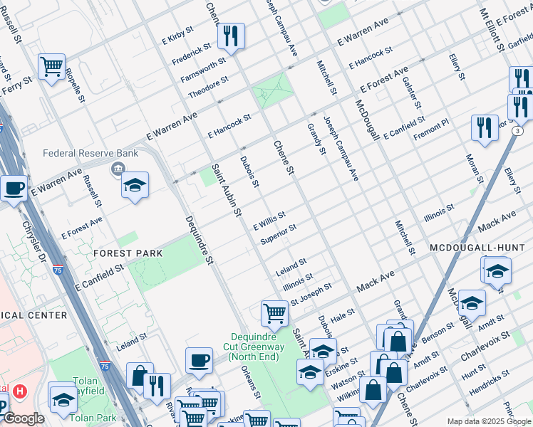 map of restaurants, bars, coffee shops, grocery stores, and more near 4225 Dubois Street in Detroit