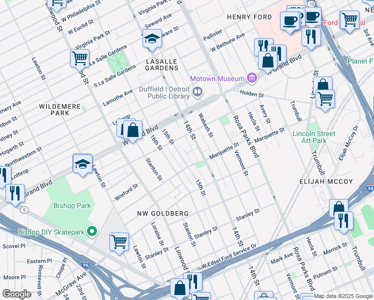 map of restaurants, bars, coffee shops, grocery stores, and more near 2248 Hughes Terrace in Detroit