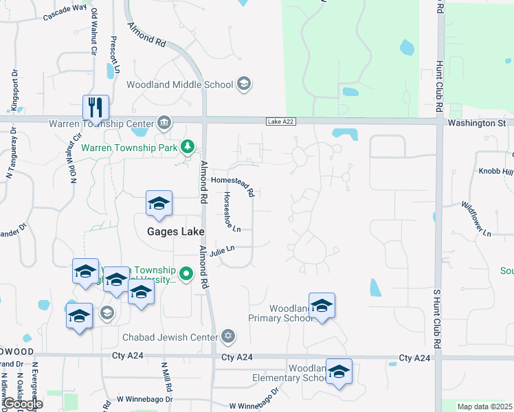 map of restaurants, bars, coffee shops, grocery stores, and more near 17574 Katie Court in Gurnee