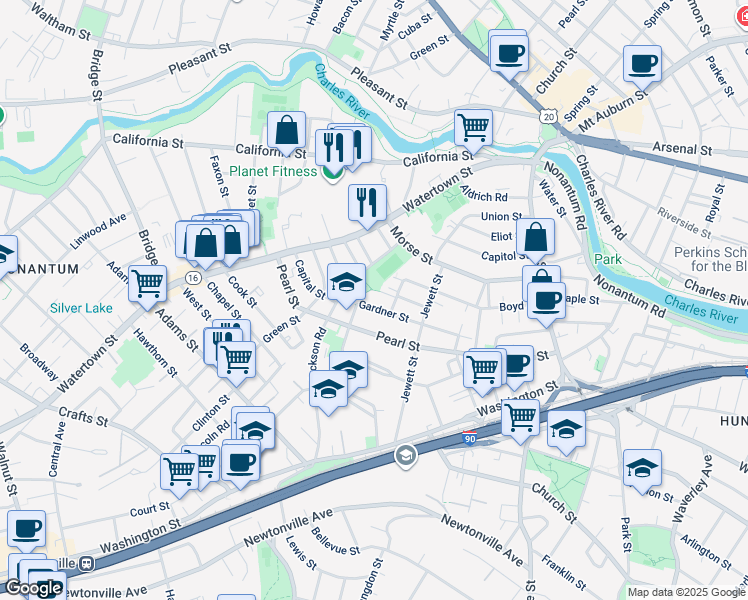 map of restaurants, bars, coffee shops, grocery stores, and more near 89 Gardner Street in Newton
