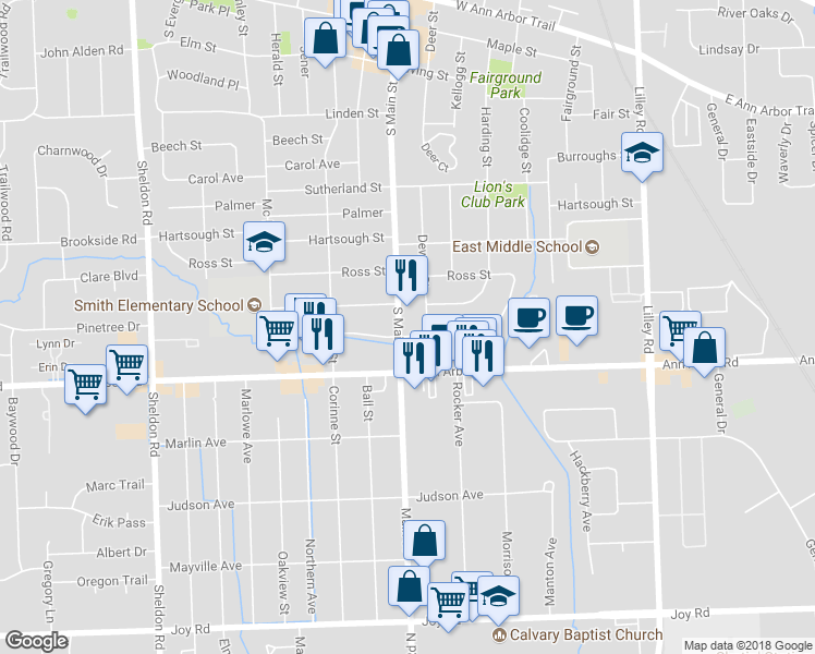 map of restaurants, bars, coffee shops, grocery stores, and more near 1365 South Main Street in Plymouth