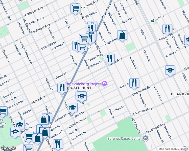 map of restaurants, bars, coffee shops, grocery stores, and more near 3600 Mack Avenue in Detroit