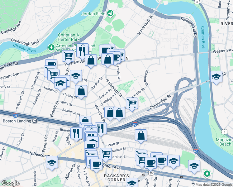 map of restaurants, bars, coffee shops, grocery stores, and more near 291 North Harvard Street in Boston
