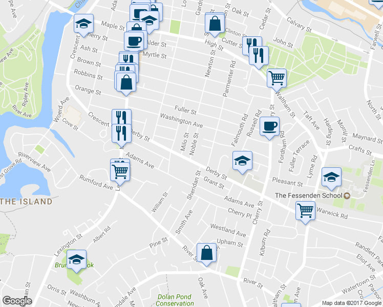 map of restaurants, bars, coffee shops, grocery stores, and more near 57 Noble Street in Newton