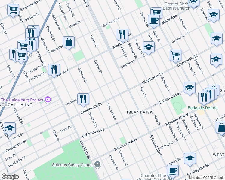map of restaurants, bars, coffee shops, grocery stores, and more near 2948 Canton Street in Detroit