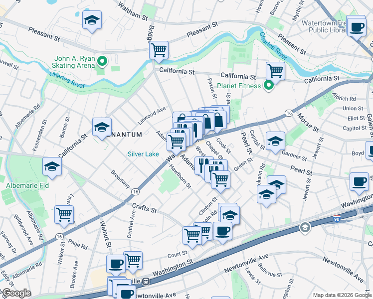 map of restaurants, bars, coffee shops, grocery stores, and more near 136 Watertown Street in Newton