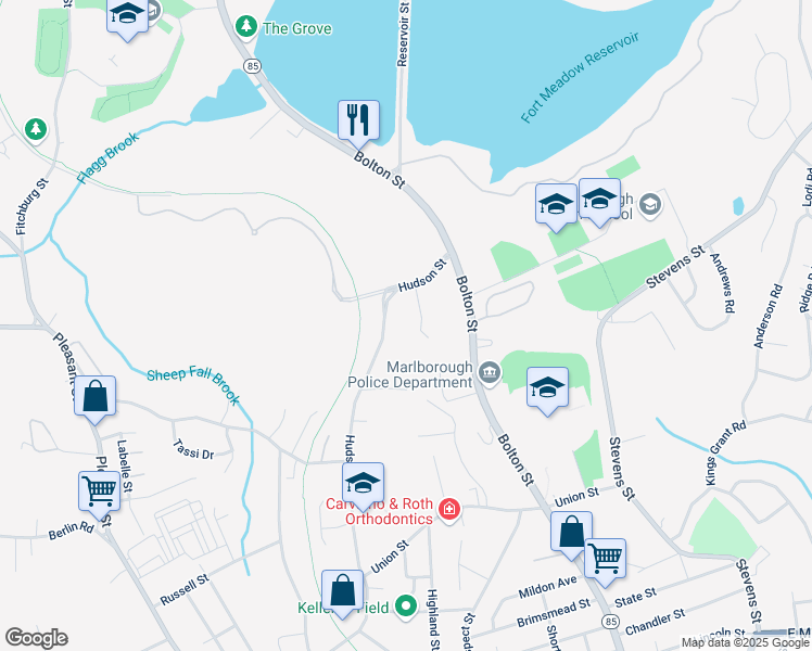 map of restaurants, bars, coffee shops, grocery stores, and more near 25 Gikas Lane in Marlborough