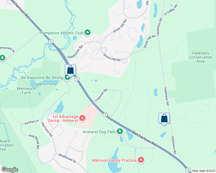 map of restaurants, bars, coffee shops, grocery stores, and more near 106 Logtown Road in Amherst