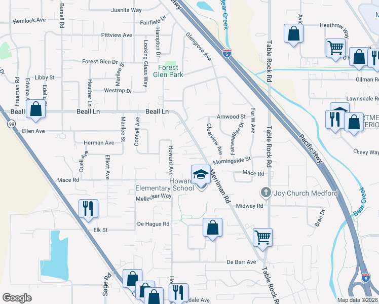 map of restaurants, bars, coffee shops, grocery stores, and more near 2975 Merriman Road in Medford