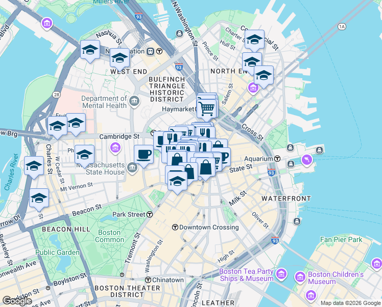 map of restaurants, bars, coffee shops, grocery stores, and more near in Boston