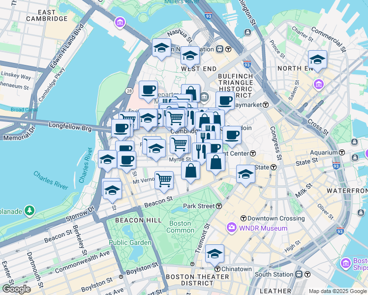 map of restaurants, bars, coffee shops, grocery stores, and more near 72 Joy Street in Boston
