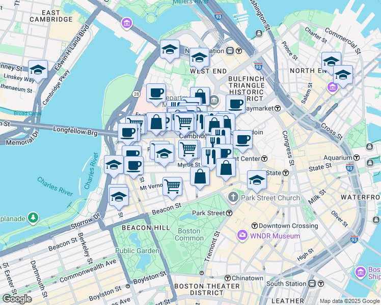 map of restaurants, bars, coffee shops, grocery stores, and more near 72 Joy Street in Boston