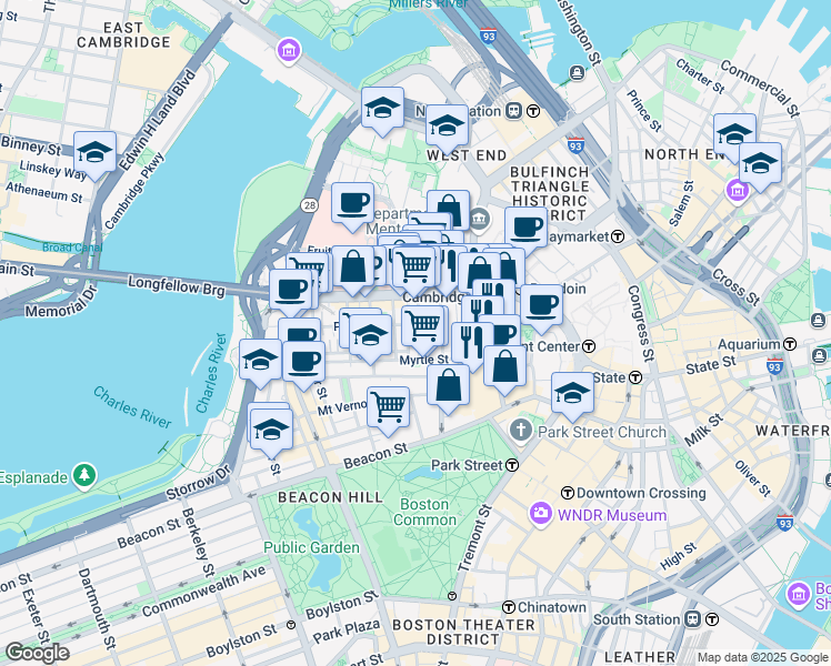 map of restaurants, bars, coffee shops, grocery stores, and more near 72 Joy Street in Boston