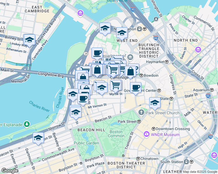 map of restaurants, bars, coffee shops, grocery stores, and more near 45 1/2 Garden Street in Boston