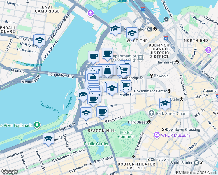 map of restaurants, bars, coffee shops, grocery stores, and more near in Boston