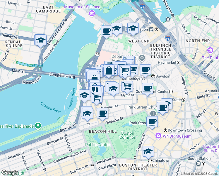 map of restaurants, bars, coffee shops, grocery stores, and more near in Boston