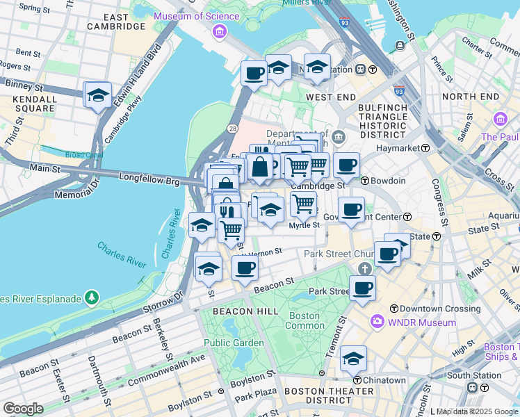 map of restaurants, bars, coffee shops, grocery stores, and more near in Boston