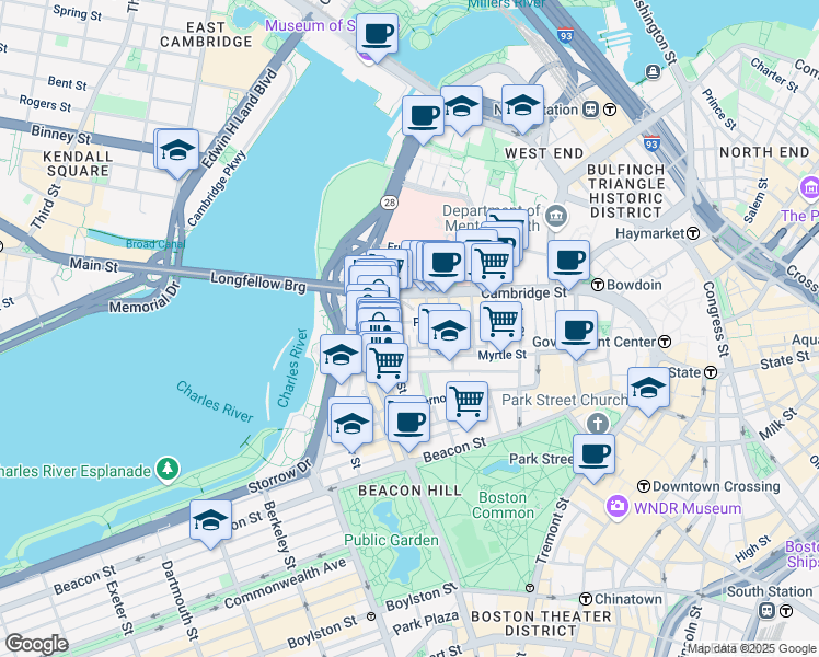 map of restaurants, bars, coffee shops, grocery stores, and more near 67 West Cedar Street in Boston