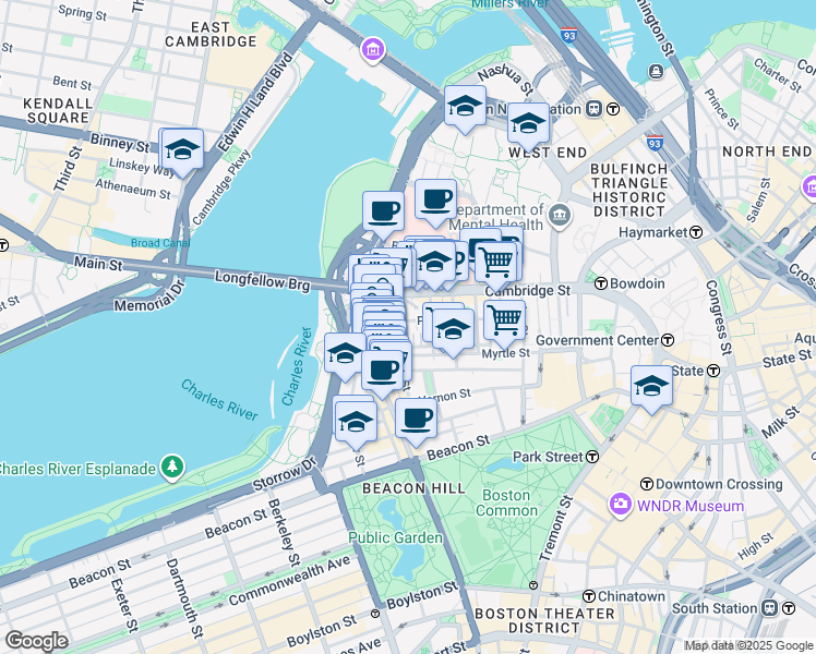 map of restaurants, bars, coffee shops, grocery stores, and more near 67 West Cedar Street in Boston