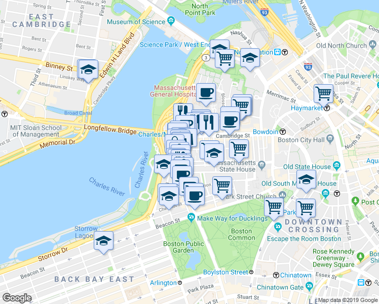 map of restaurants, bars, coffee shops, grocery stores, and more near 67 West Cedar Street in Boston