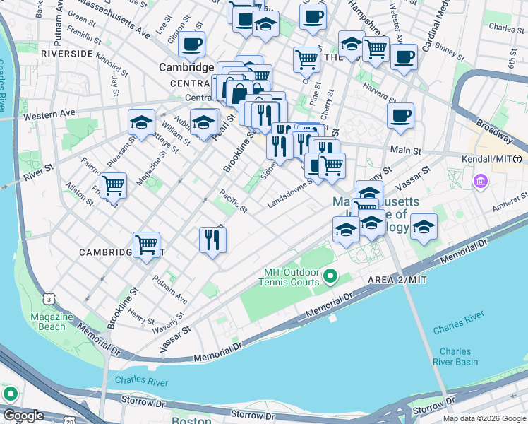 map of restaurants, bars, coffee shops, grocery stores, and more near 88 Sidney Street in Cambridge