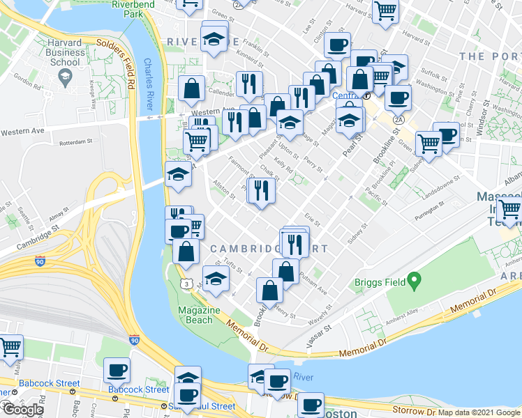 map of restaurants, bars, coffee shops, grocery stores, and more near 111 Magazine Street in Cambridge